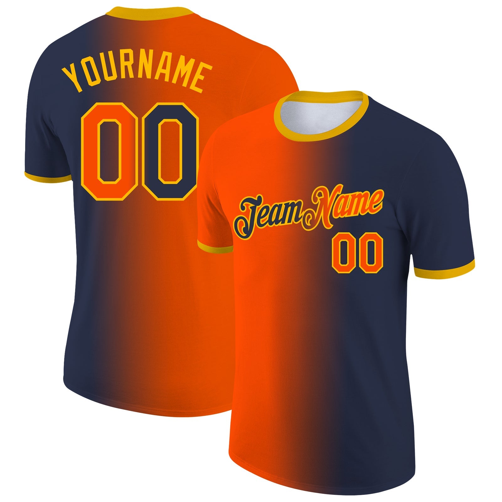 Custom Navy Orange-Gold Gradient Fashion Performance T-Shirt - Main View