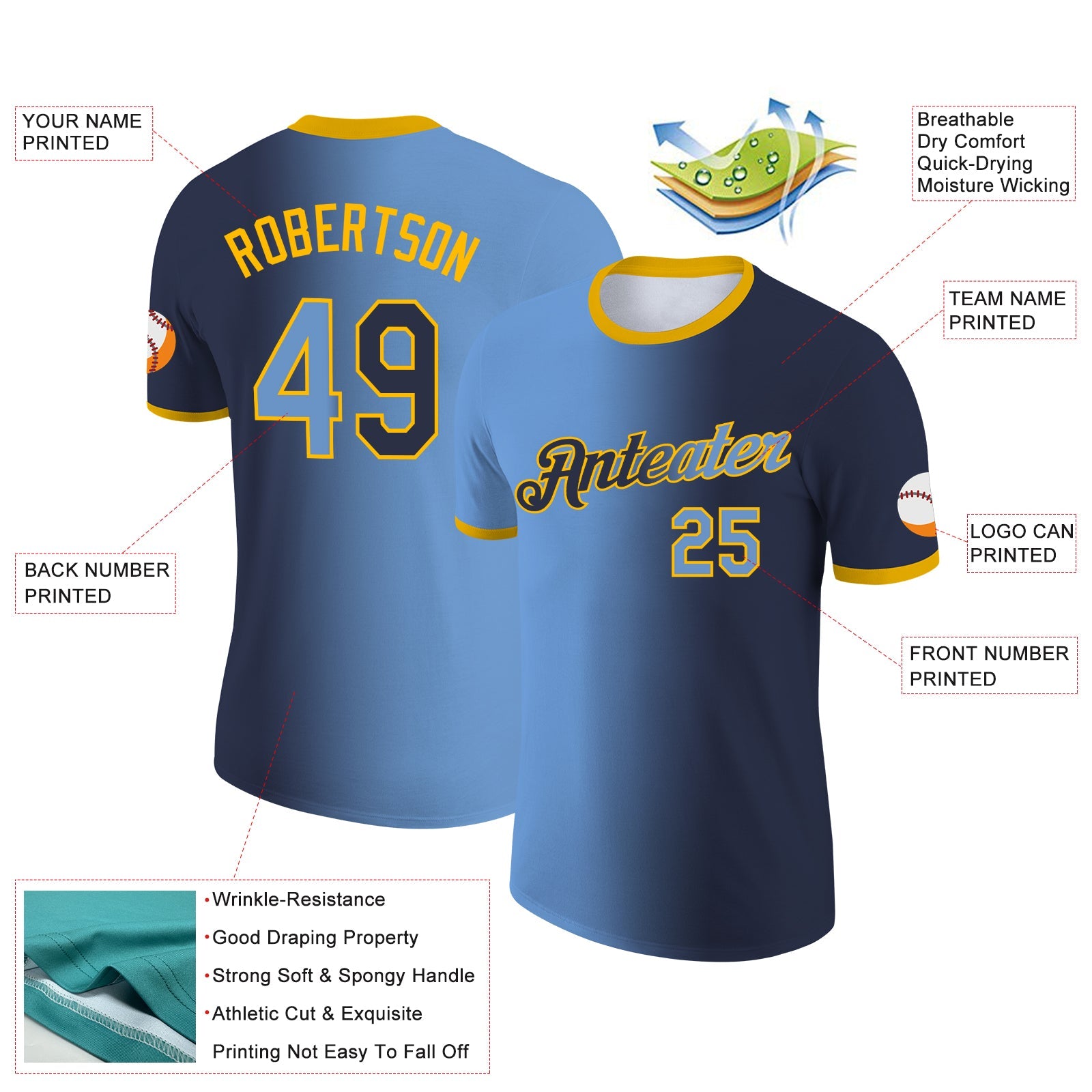 Custom Navy Light Blue-Gold Gradient Fashion Performance T-Shirt view 2