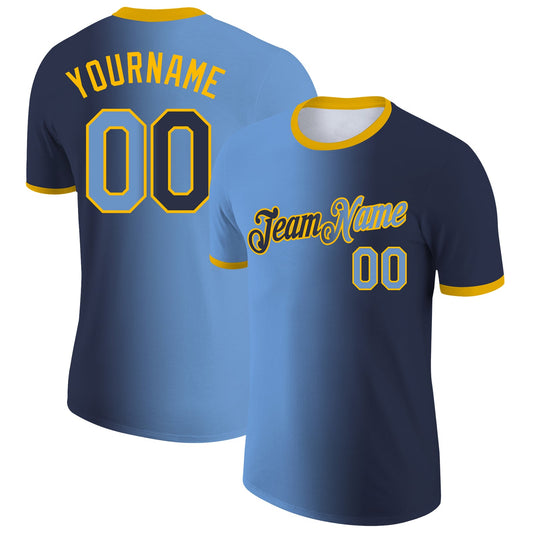 Custom Navy Light Blue-Gold Gradient Fashion Performance T-Shirt - Main View