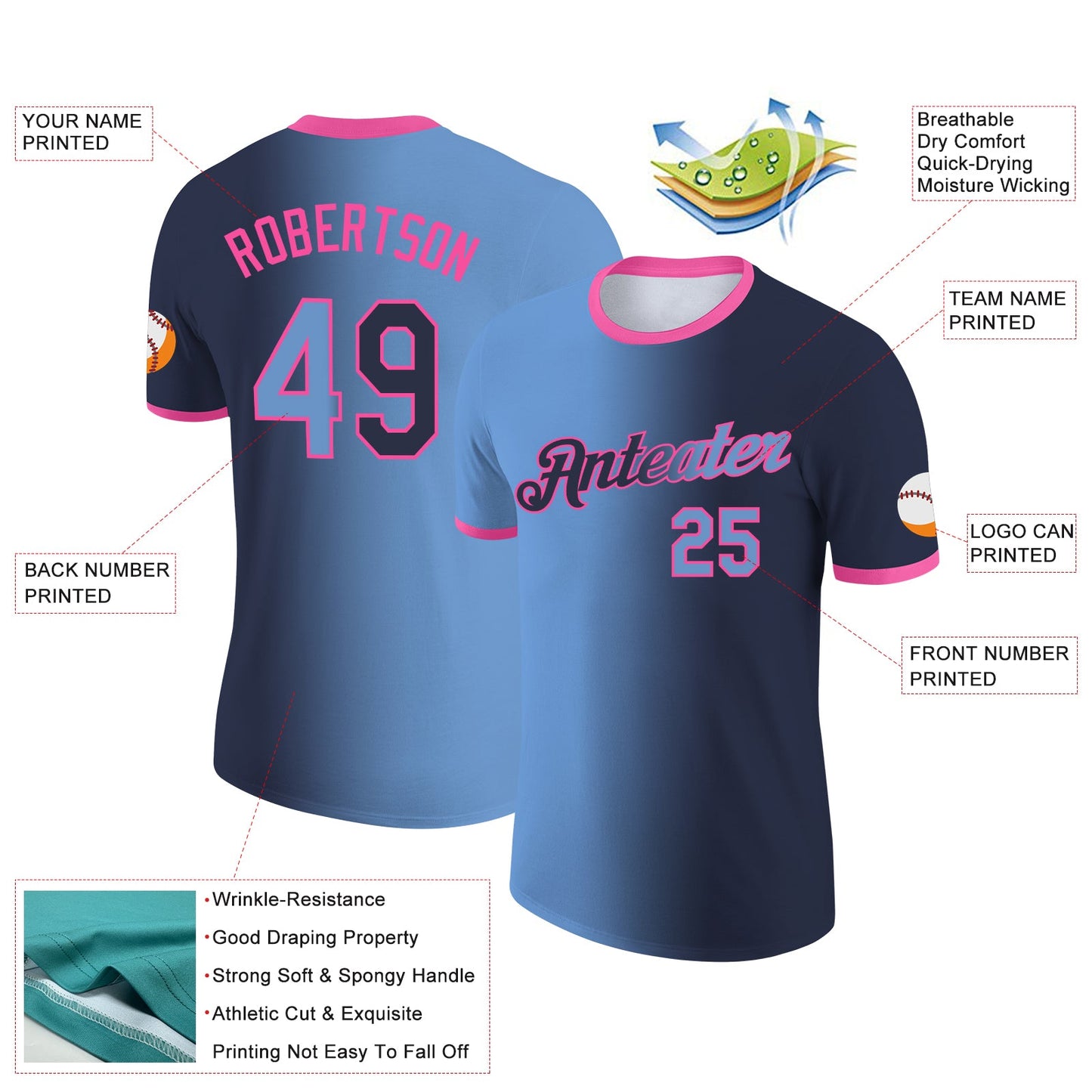 Custom Navy Light Blue-Pink Gradient Fashion Performance T-Shirt view 2