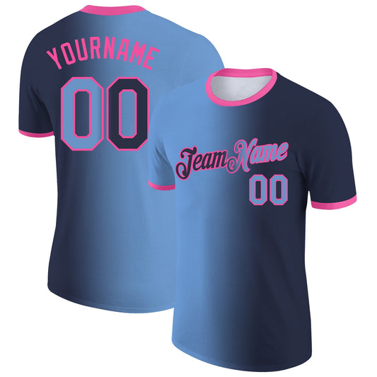 Custom Navy Light Blue-Pink Gradient Fashion Performance T-Shirt - Main View