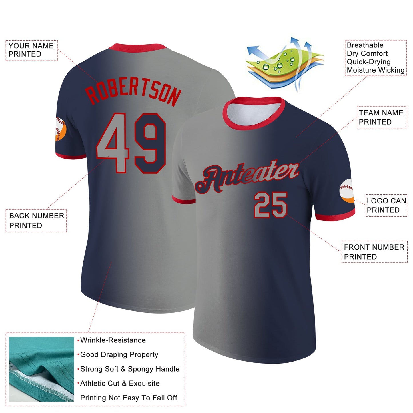 Custom Navy Gray-Red Gradient Fashion Performance T-Shirt view 2