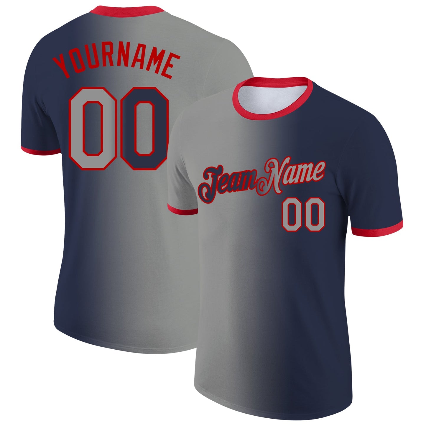 Custom Navy Gray-Red Gradient Fashion Performance T-Shirt - Main View
