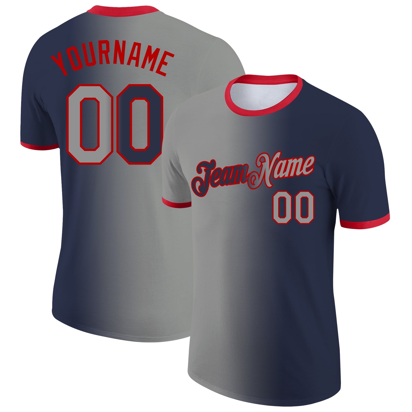 Custom Navy Gray-Red Gradient Fashion Performance T-Shirt - Main View