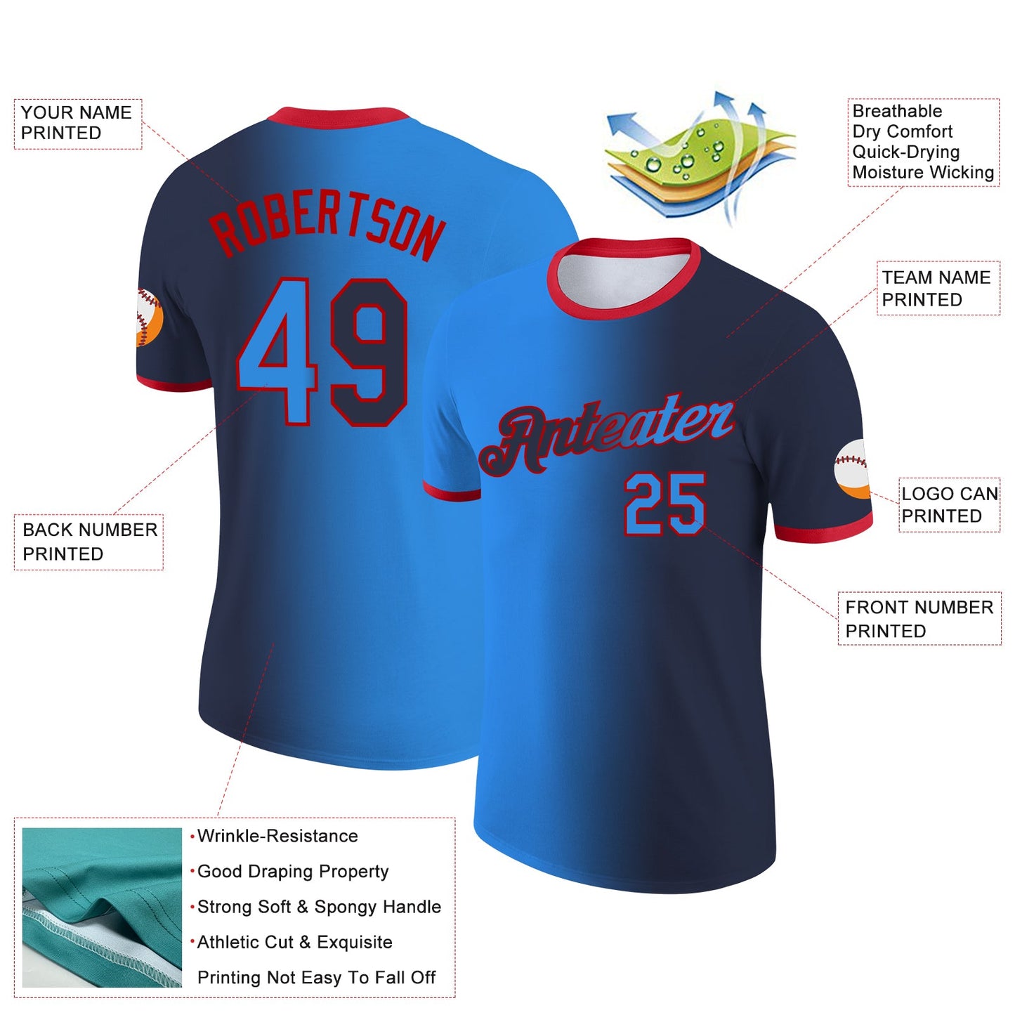 Custom Navy Powder Blue-Red Gradient Fashion Performance T-Shirt view 2