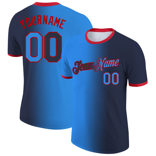 Custom Navy Powder Blue-Red Gradient Fashion Performance T-Shirt - Main View