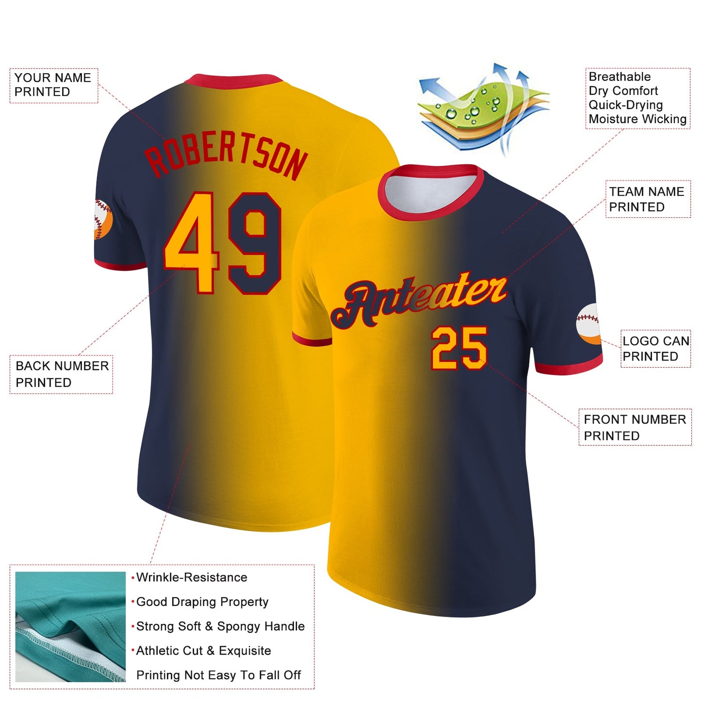 Custom Navy Gold-Red Gradient Fashion Performance T-Shirt view 2
