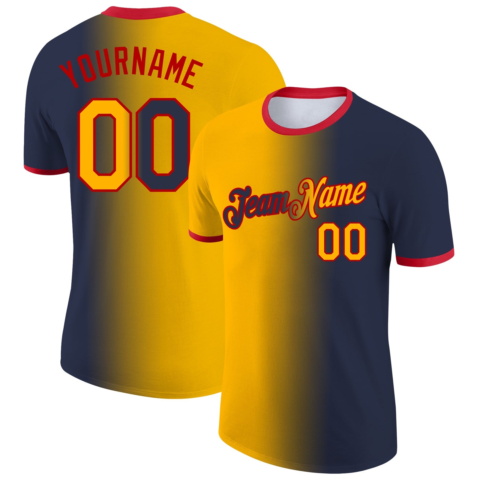 Custom Navy Gold-Red Gradient Fashion Performance T-Shirt - Main View