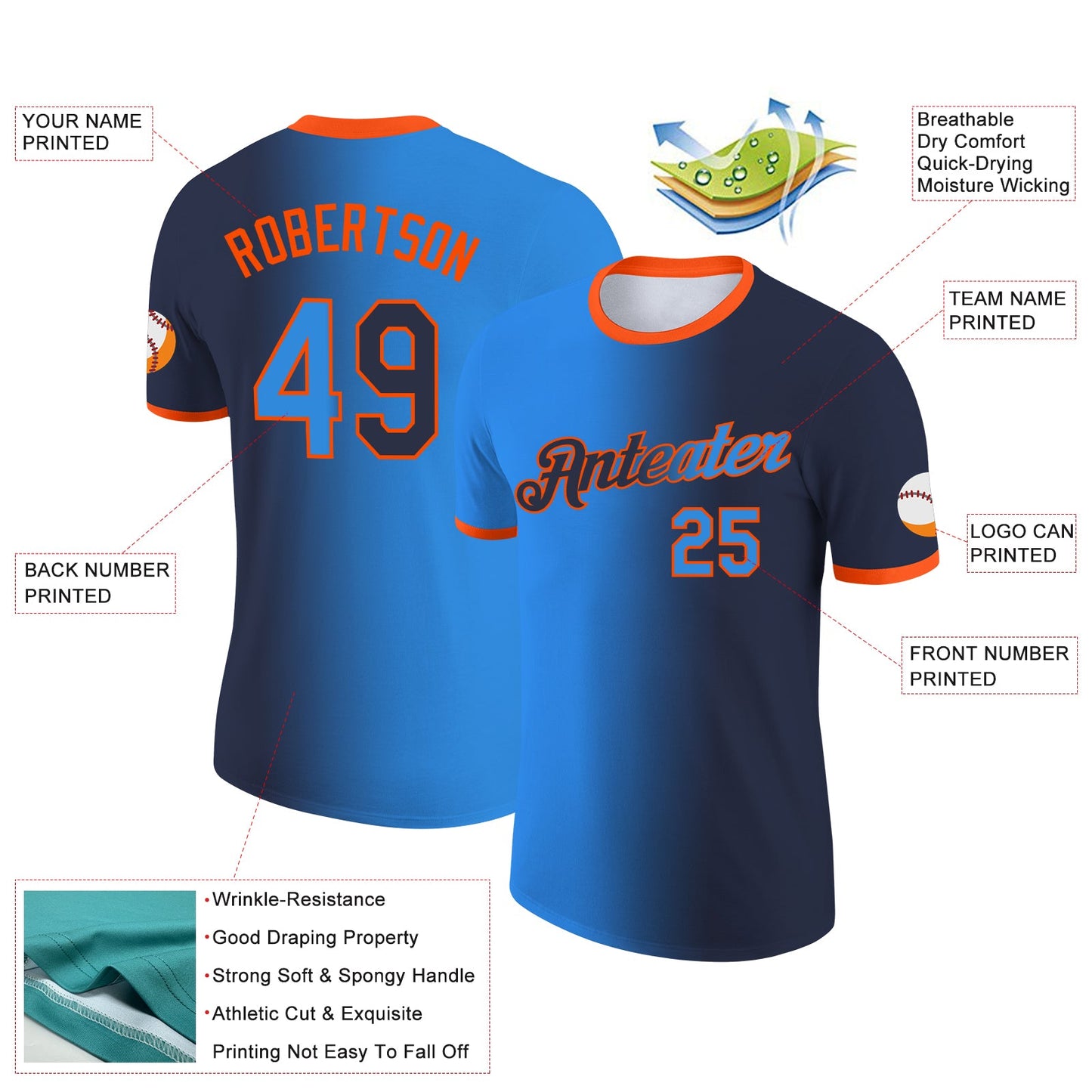 Custom Navy Powder Blue-Orange Gradient Fashion Performance T-Shirt view 2