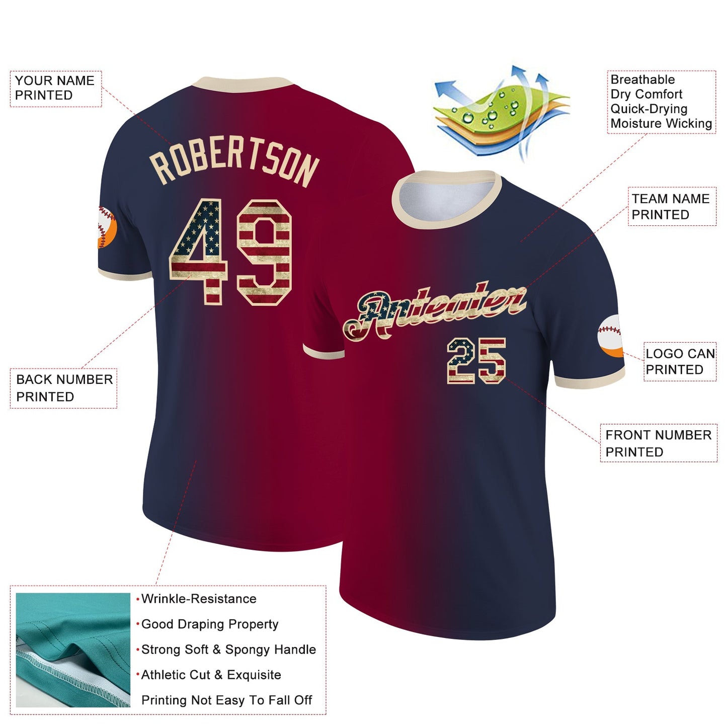 Custom Navy Vintage USA Flag Maroon-City Cream Gradient Fashion Performance T-Shirt view 2