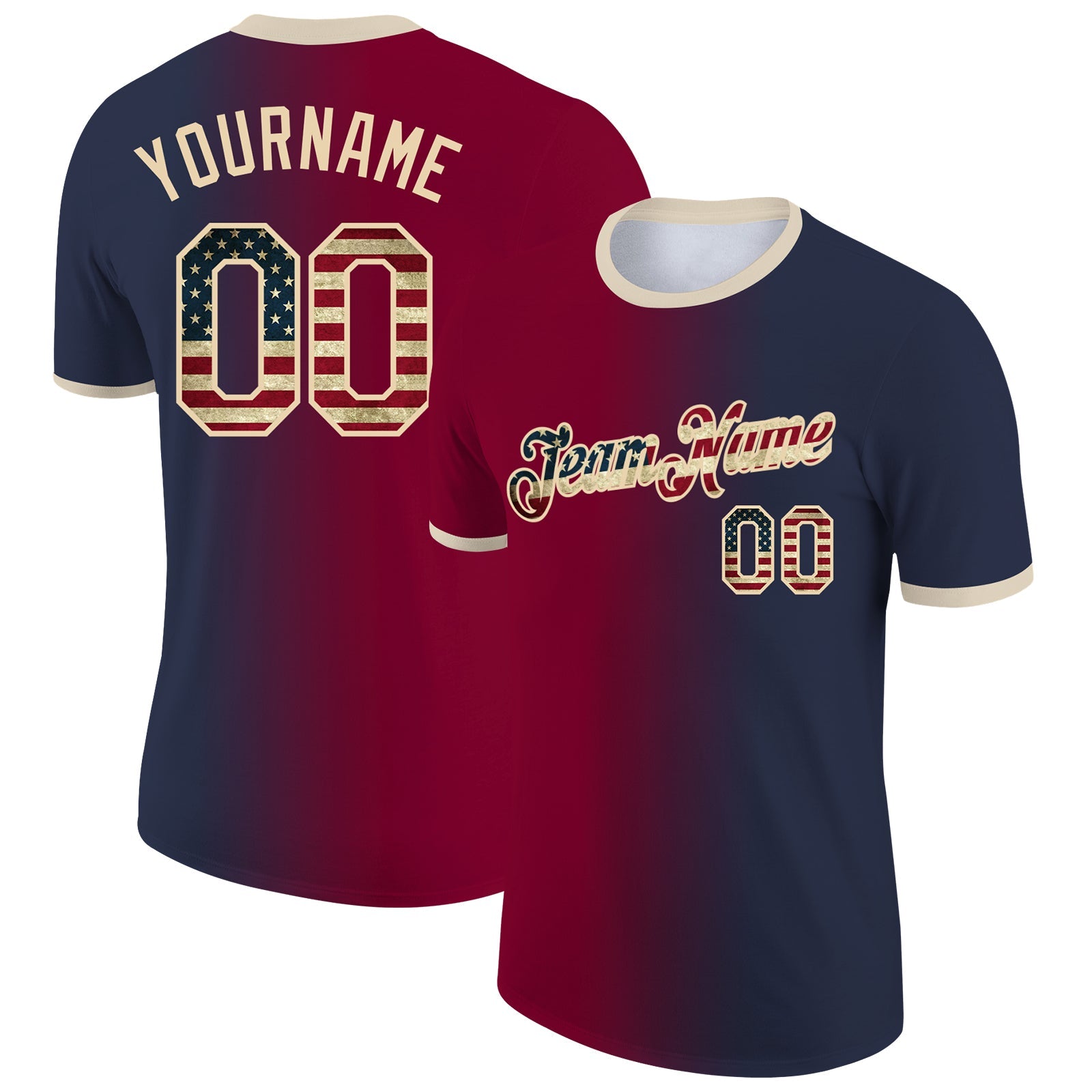 Custom Navy Vintage USA Flag Maroon-City Cream Gradient Fashion Performance T-Shirt - Main View