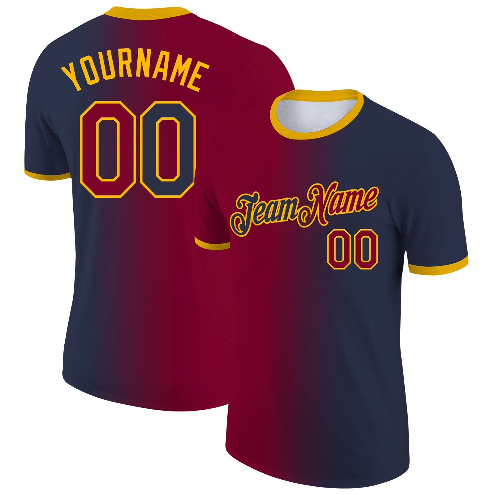 Custom Navy Maroon-Gold Gradient Fashion Performance T-Shirt - Main View