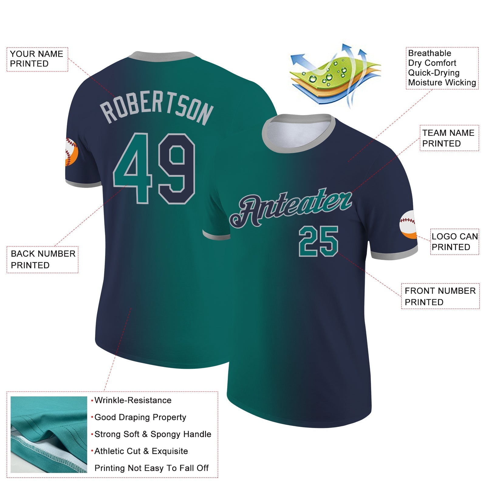 Custom Navy Teal-Gray Gradient Fashion Performance T-Shirt view 2