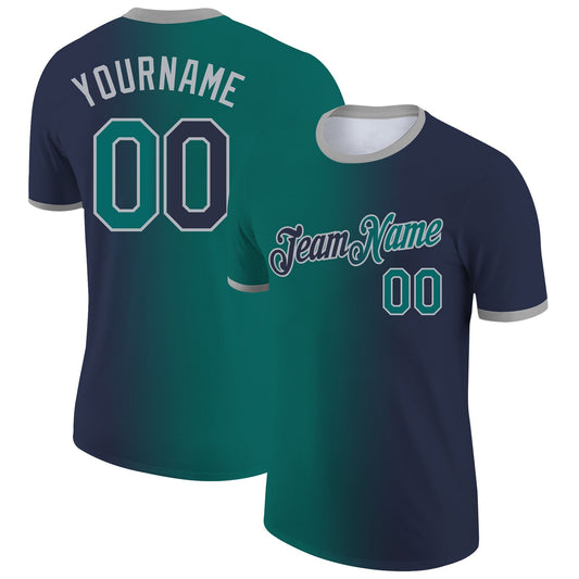 Custom Navy Teal-Gray Gradient Fashion Performance T-Shirt - Main View