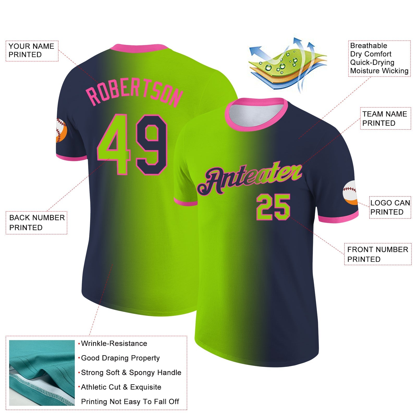 Custom Navy Neon Green-Pink Gradient Fashion Performance T-Shirt view 2