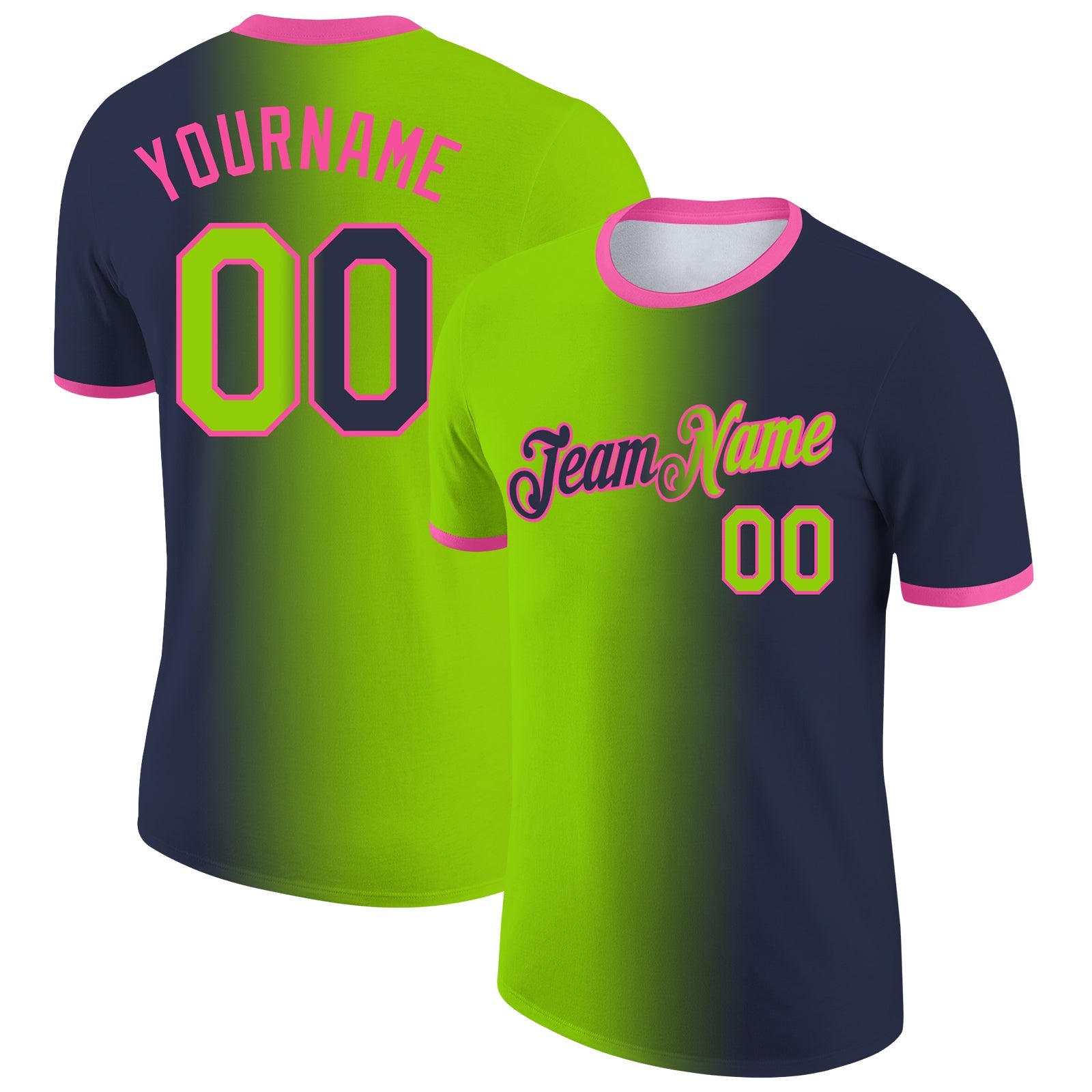 Custom Navy Neon Green-Pink Gradient Fashion Performance T-Shirt - Main View