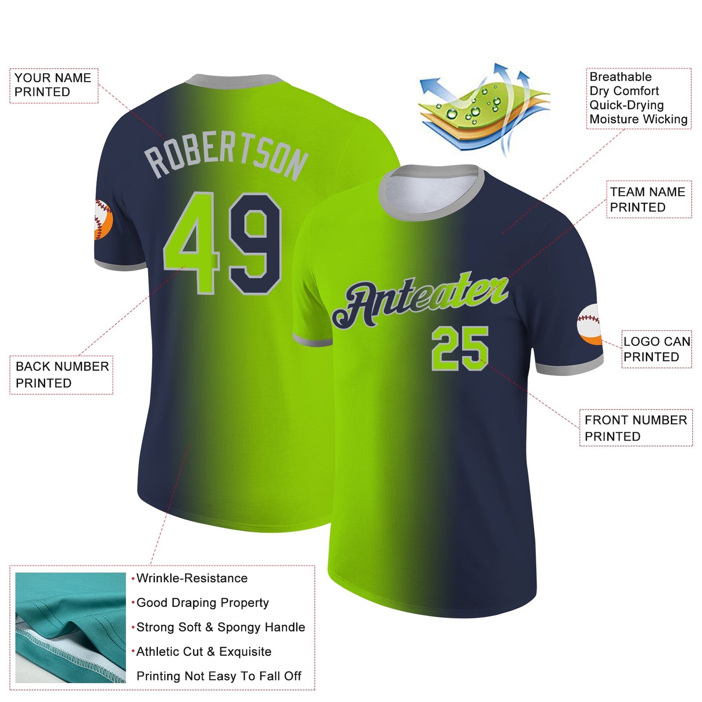 Custom Navy Neon Green-Gray Gradient Fashion Performance T-Shirt view 2