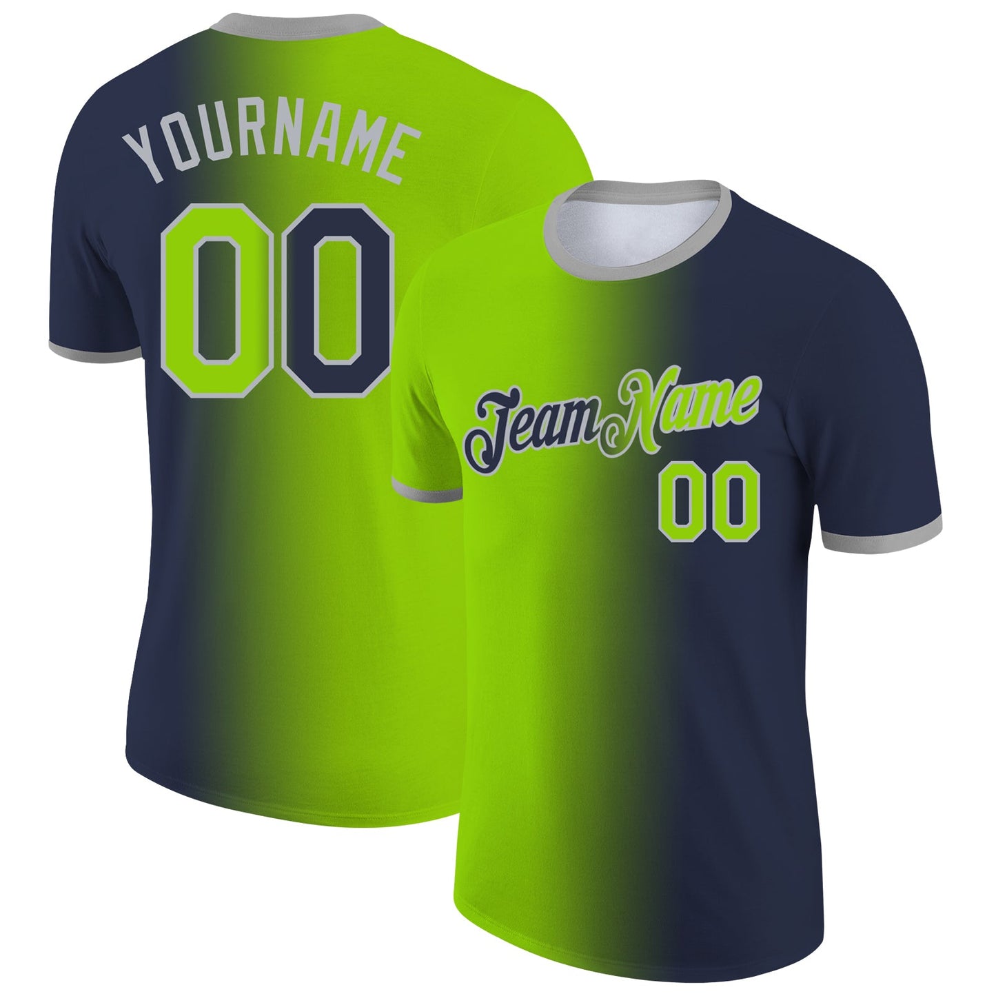 Custom Navy Neon Green-Gray Gradient Fashion Performance T-Shirt - Main View