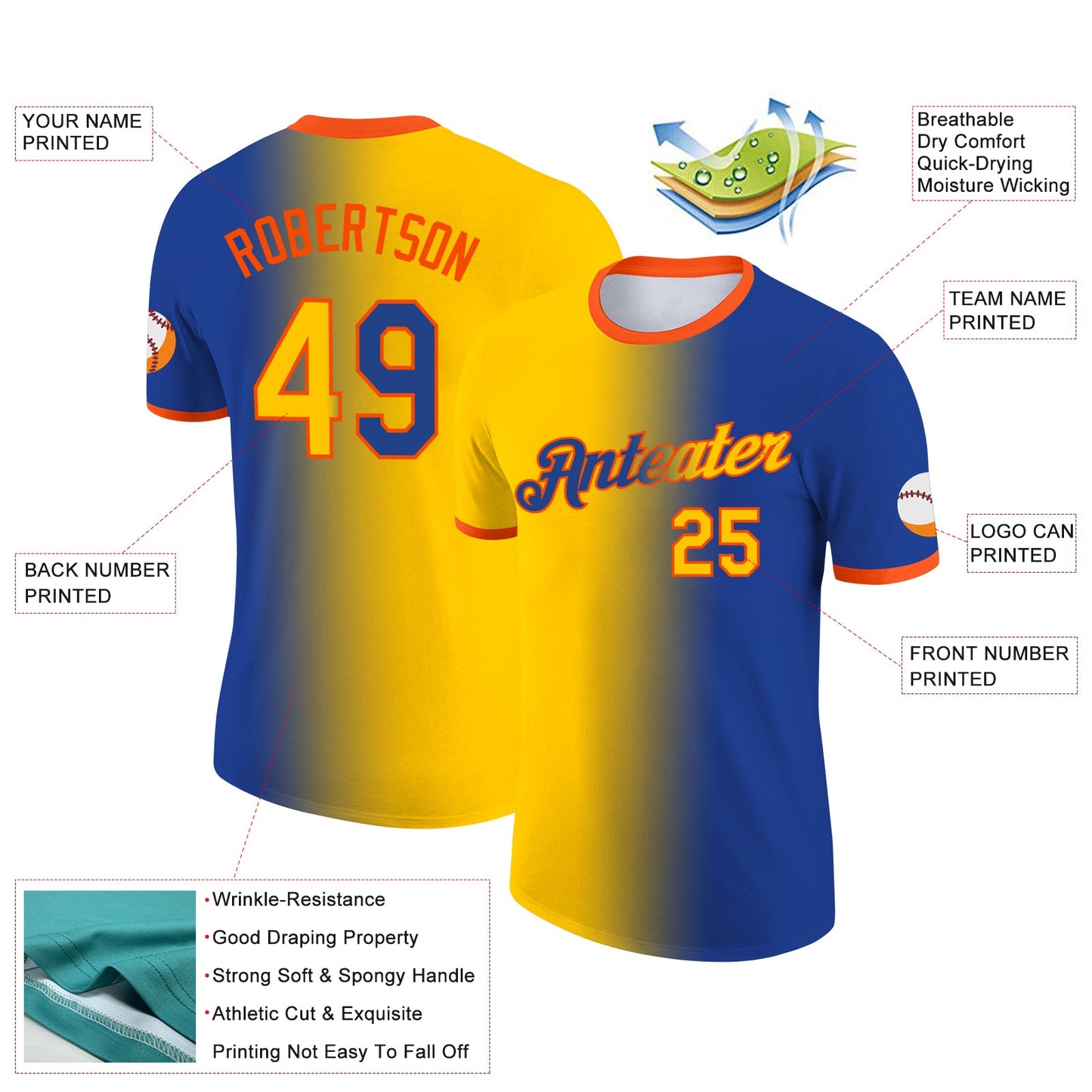 Custom Royal Yellow-Orange Gradient Fashion Performance T-Shirt view 2