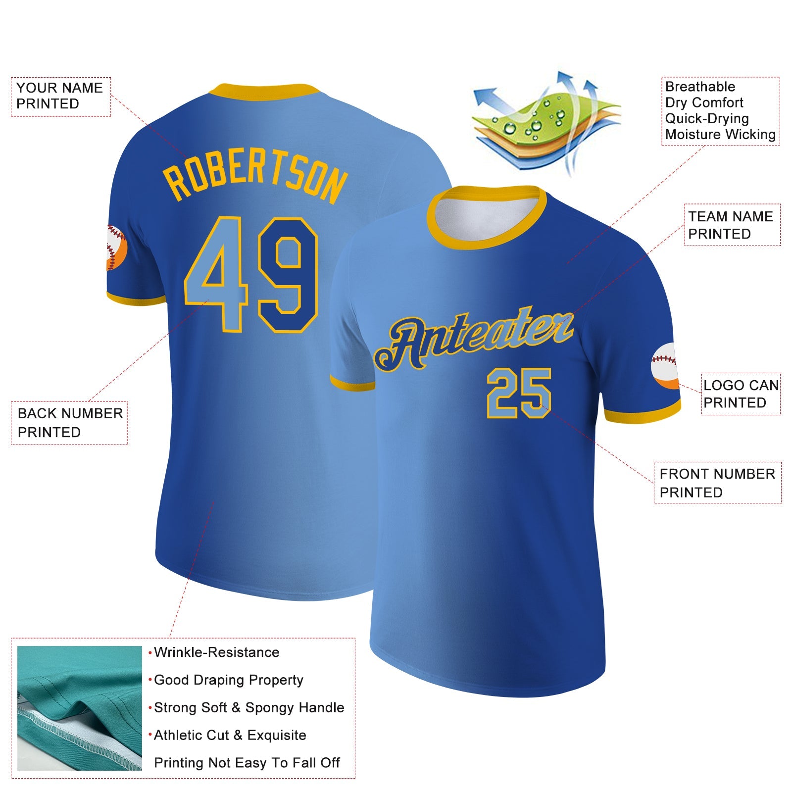 Custom Royal Light Blue-Gold Gradient Fashion Performance T-Shirt view 2