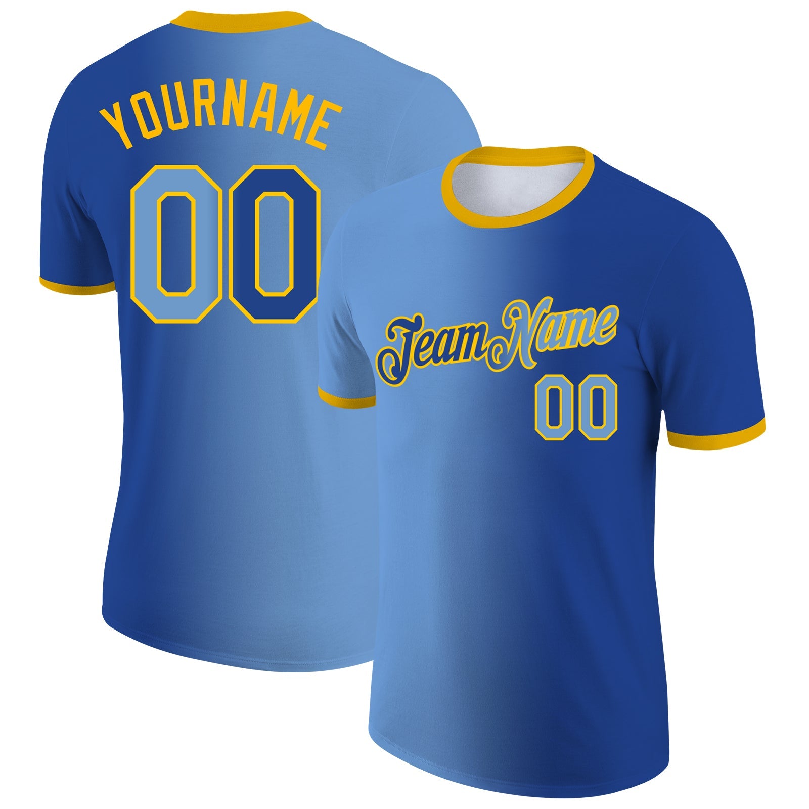 Custom Royal Light Blue-Gold Gradient Fashion Performance T-Shirt - Main View