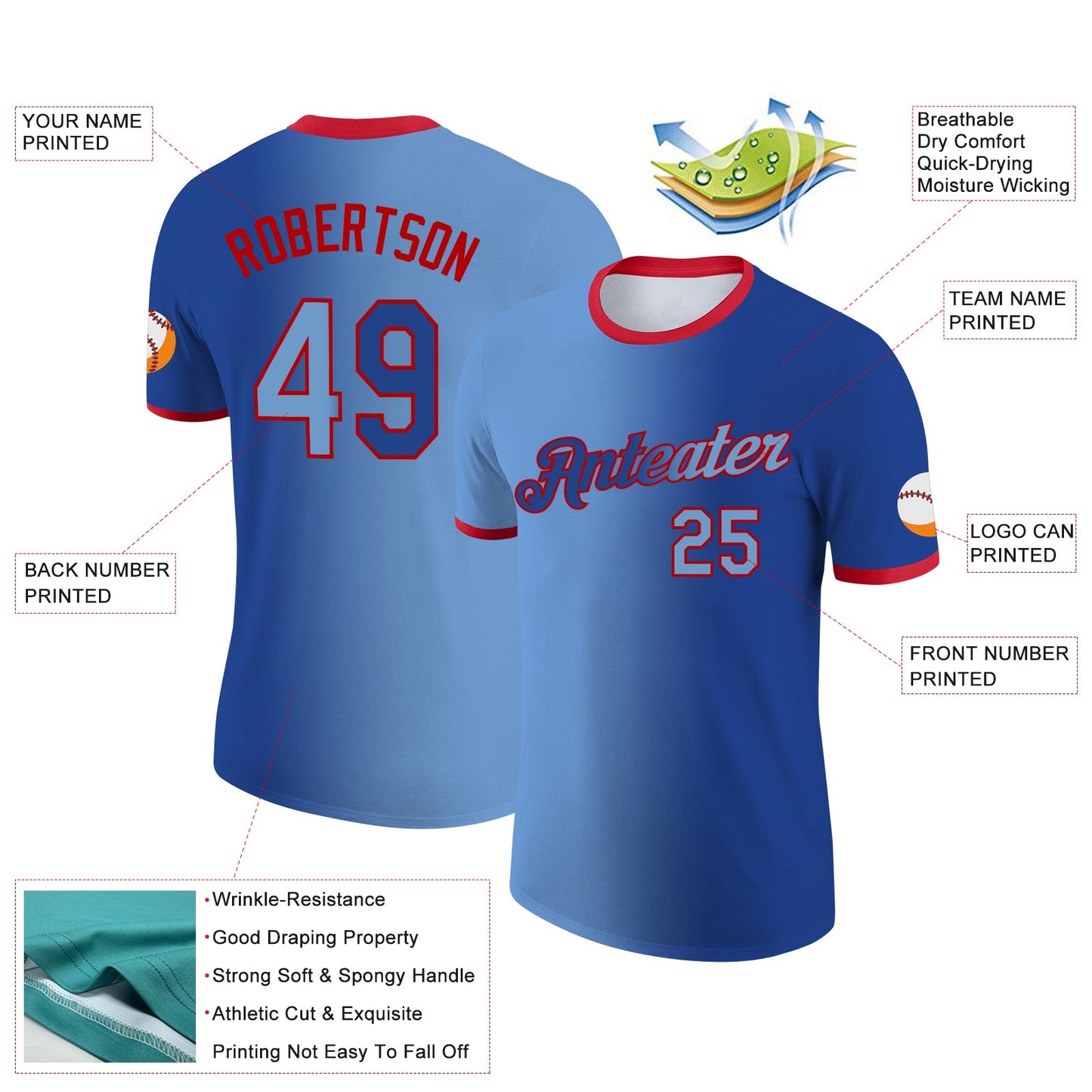 Custom Royal Light Blue-Red Gradient Fashion Performance T-Shirt view 2
