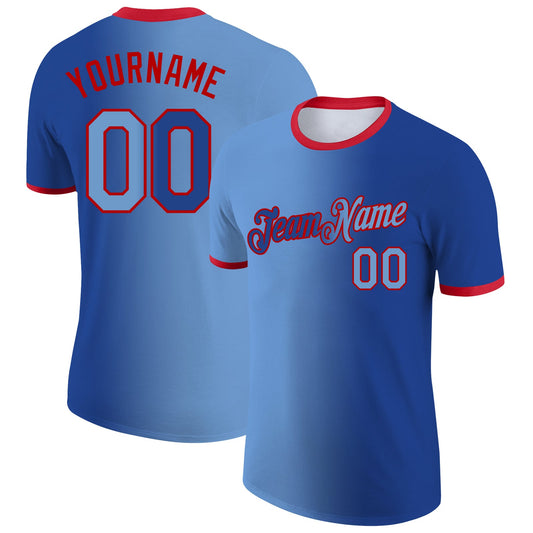 Custom Royal Light Blue-Red Gradient Fashion Performance T-Shirt - Main View