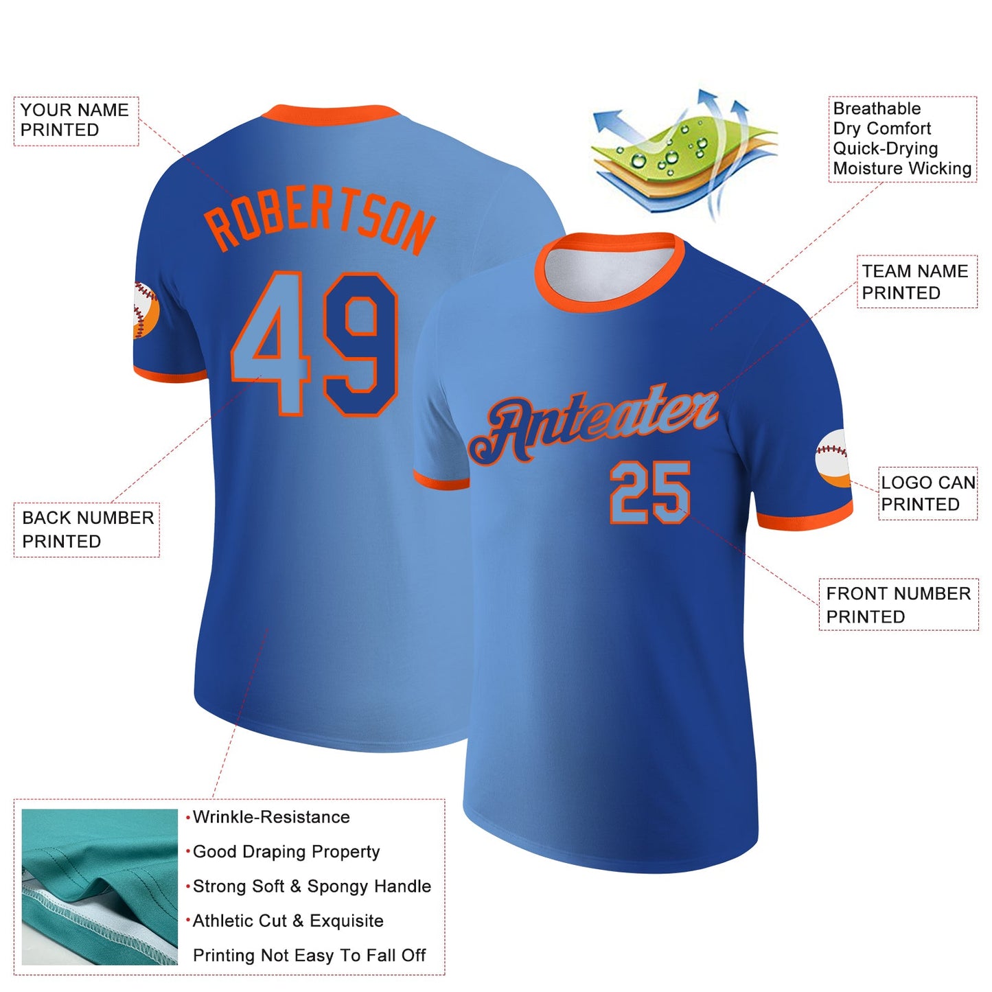 Custom Royal Light Blue-Orange Gradient Fashion Performance T-Shirt view 2