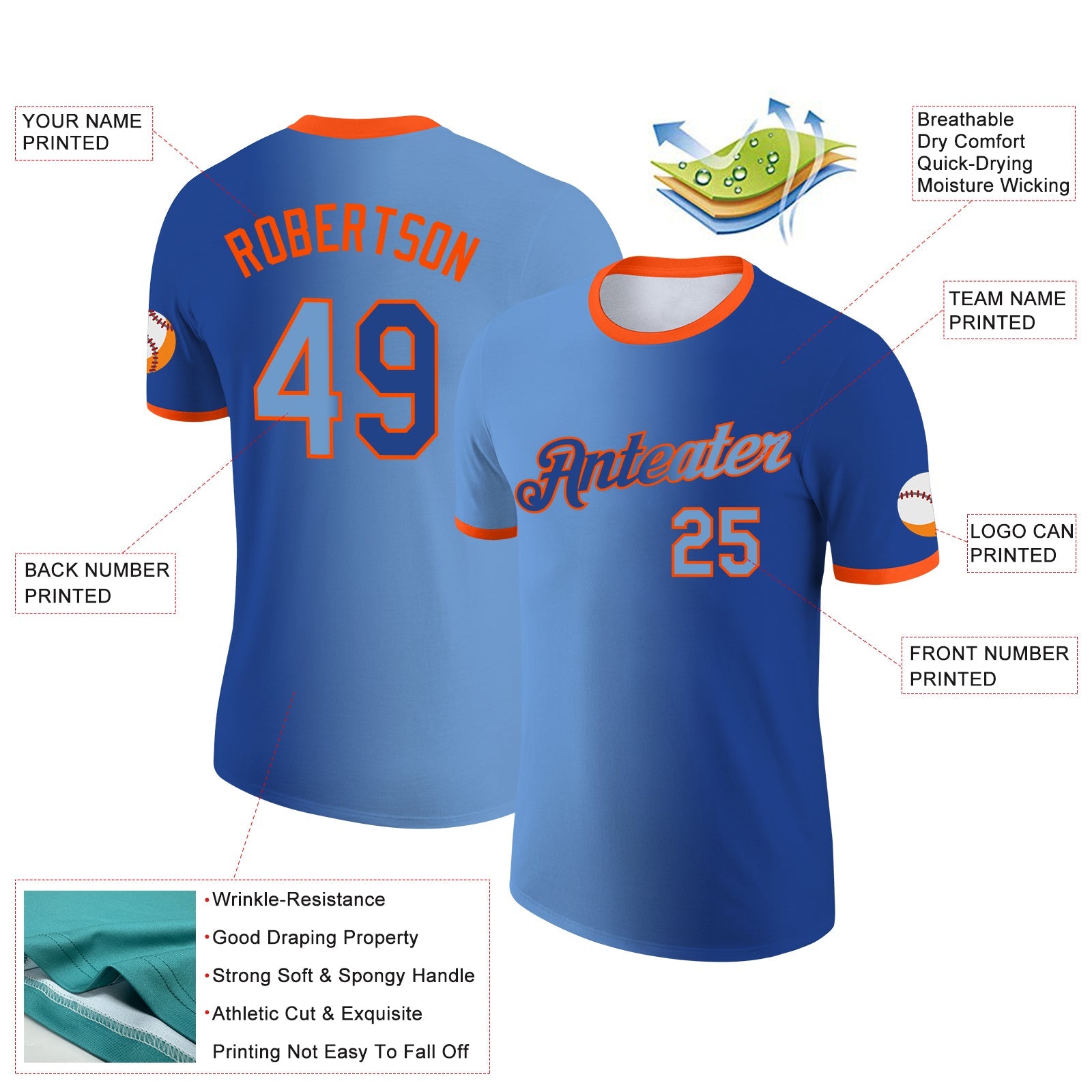 Custom Royal Light Blue-Orange Gradient Fashion Performance T-Shirt view 2