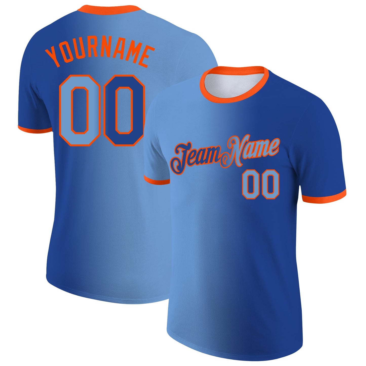 Custom Royal Light Blue-Orange Gradient Fashion Performance T-Shirt - Main View