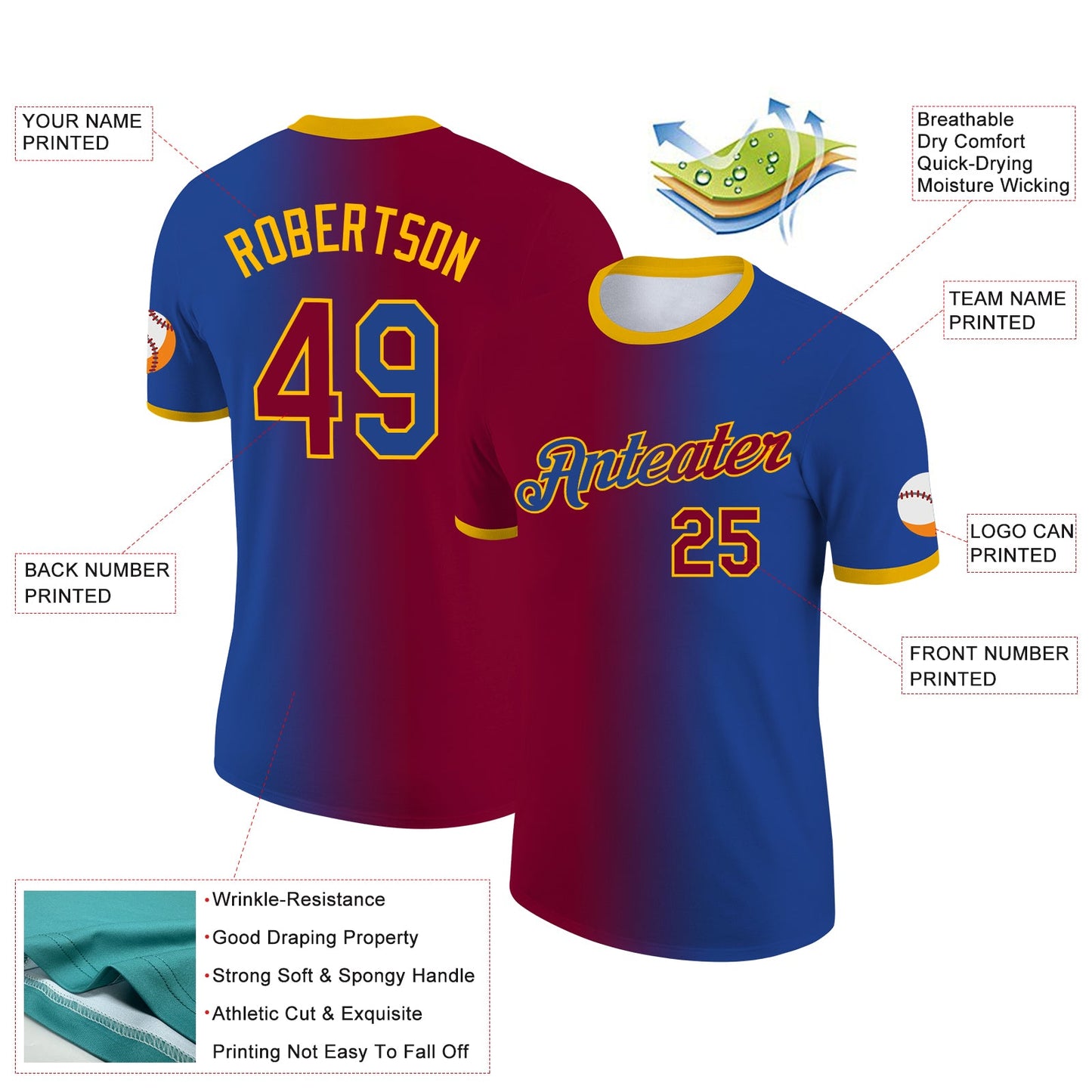 Custom Royal Maroon-Gold Gradient Fashion Performance T-Shirt view 2