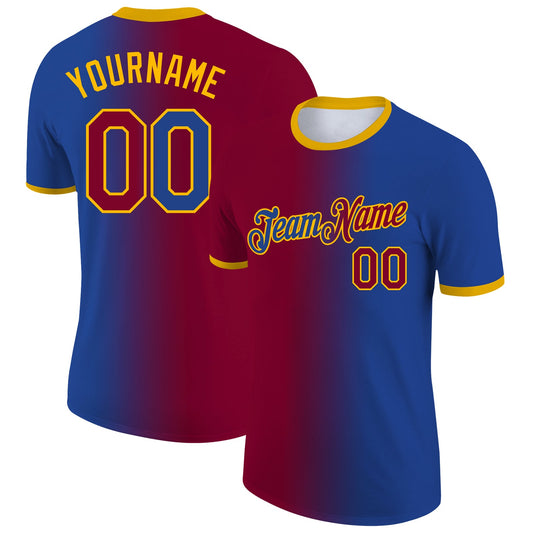 Custom Royal Maroon-Gold Gradient Fashion Performance T-Shirt - Main View