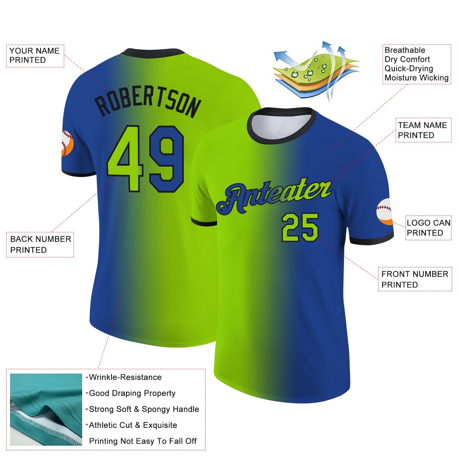 Custom Royal Neon Green-Black Gradient Fashion Performance T-Shirt view 2