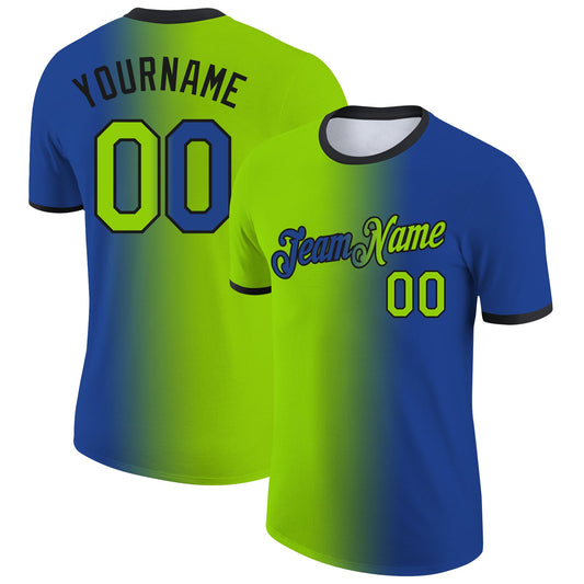 Custom Royal Neon Green-Black Gradient Fashion Performance T-Shirt - Main View