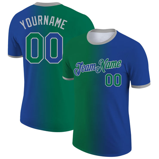 Custom Royal Kelly Green-Gray Gradient Fashion Performance T-Shirt - Main View