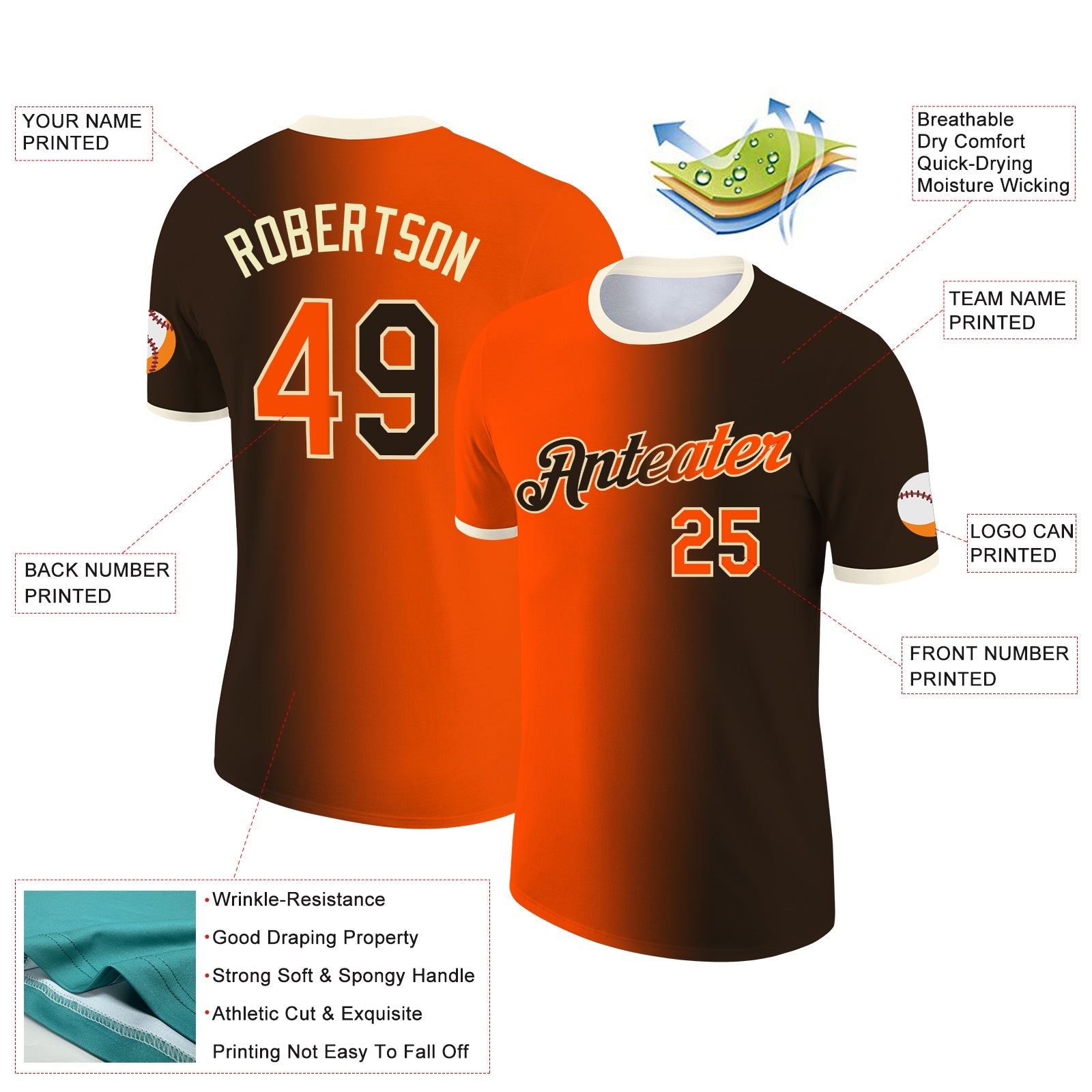 Custom Brown Orange-Cream Gradient Fashion Performance T-Shirt view 2
