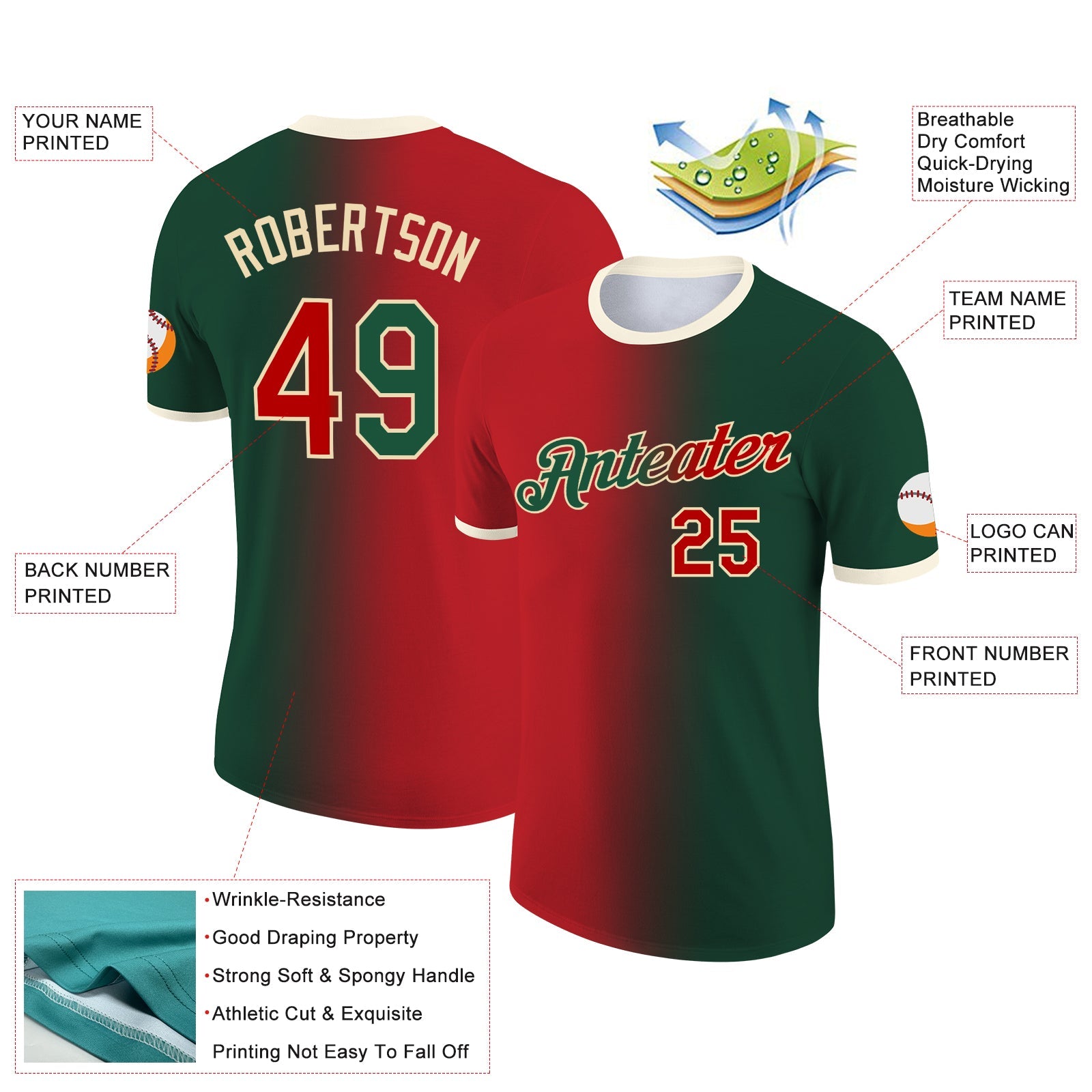 Custom Green Red-Cream Gradient Fashion Performance T-Shirt view 2