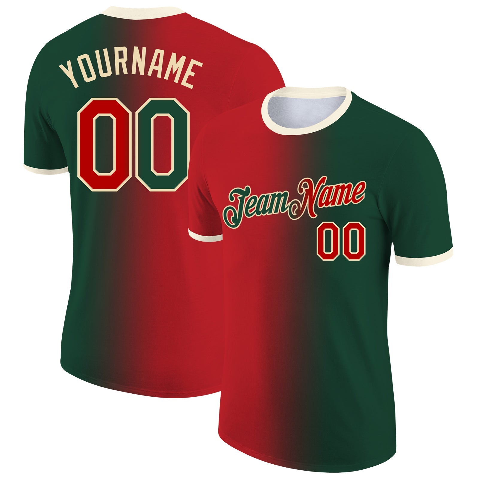 Custom Green Red-Cream Gradient Fashion Performance T-Shirt - Main View