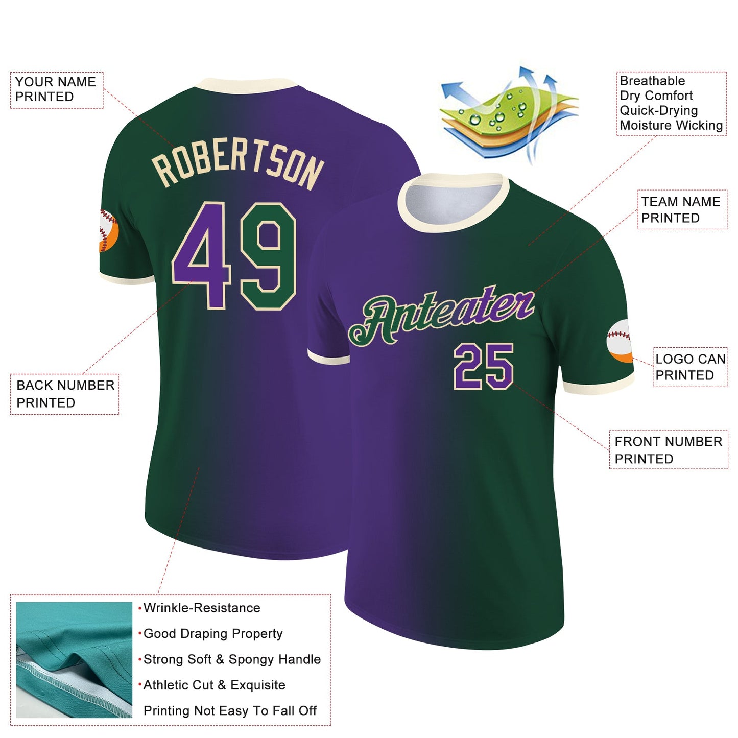 Custom Green Purple-Cream Gradient Fashion Performance T-Shirt view 2