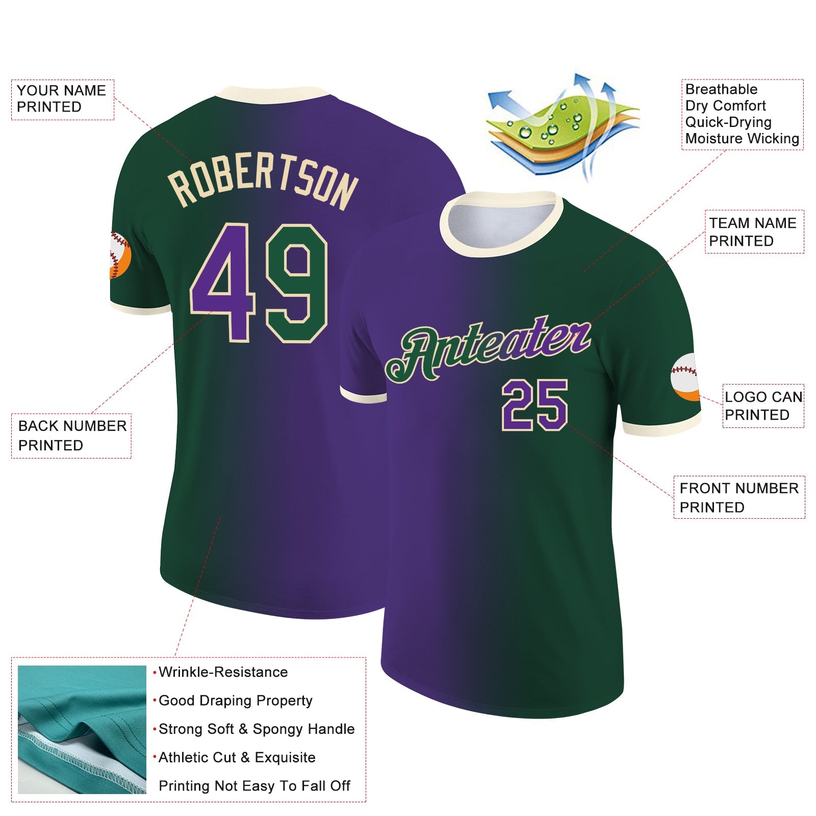 Custom Green Purple-Cream Gradient Fashion Performance T-Shirt view 2