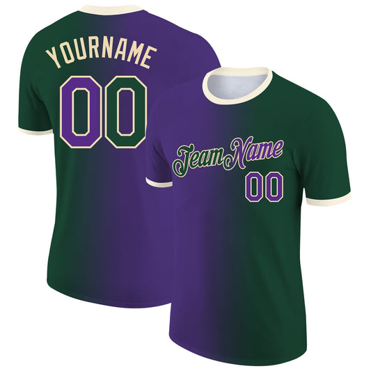 Custom Green Purple-Cream Gradient Fashion Performance T-Shirt - Main View