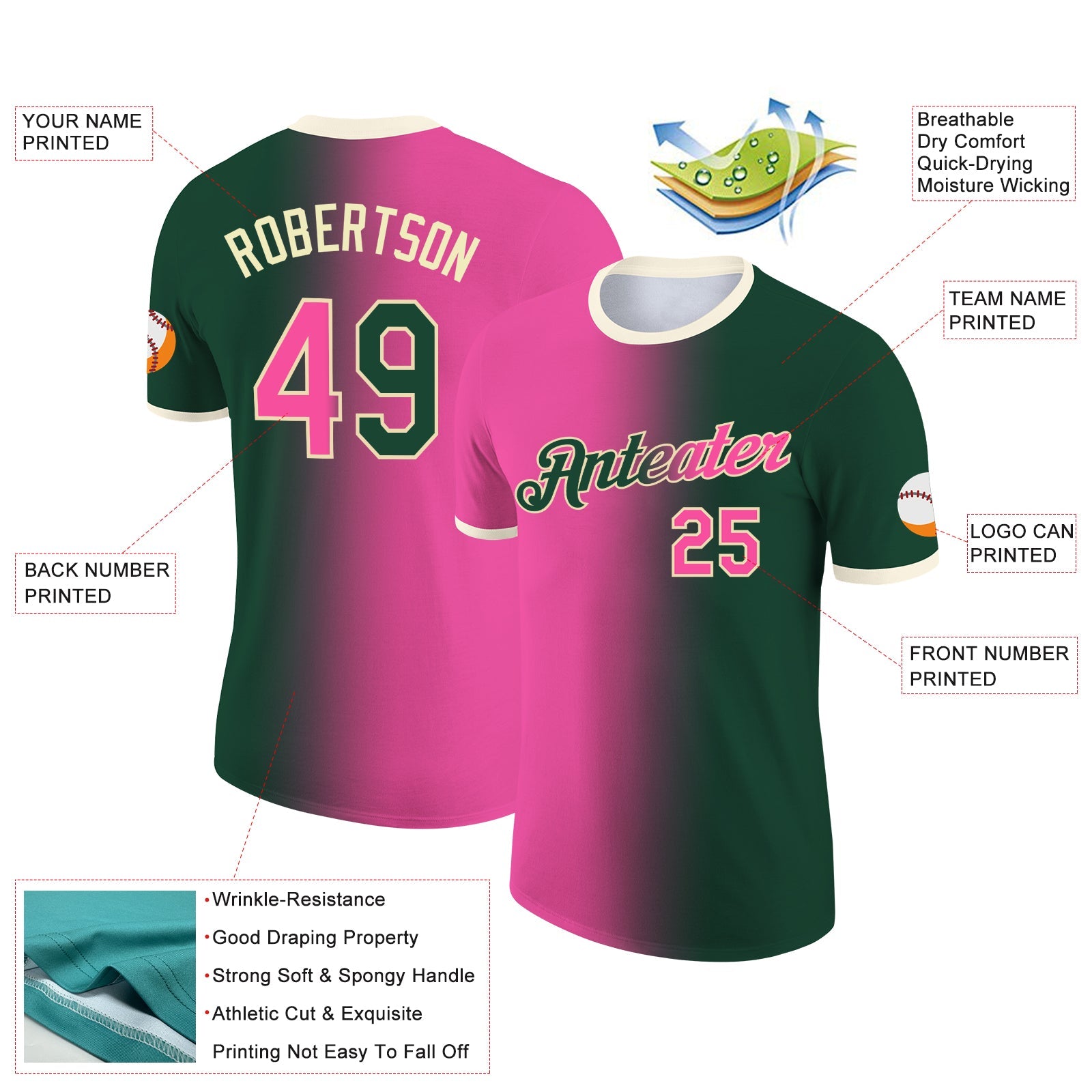 Custom Green Pink-Cream Gradient Fashion Performance T-Shirt view 2