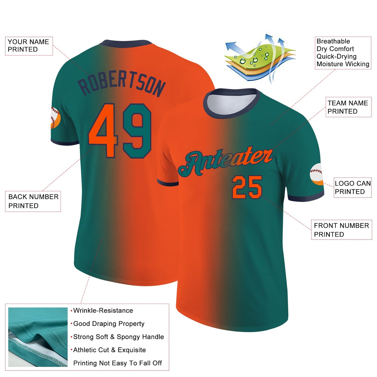 Custom Teal Orange-Navy Gradient Fashion Performance T-Shirt view 2