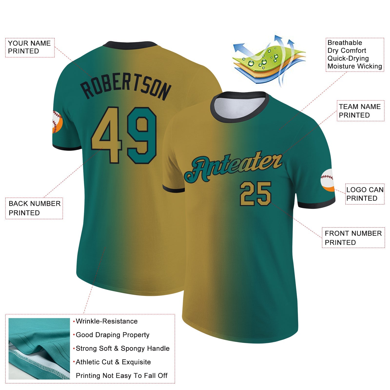 Custom Teal Old Gold-Black Gradient Fashion Performance T-Shirt view 2