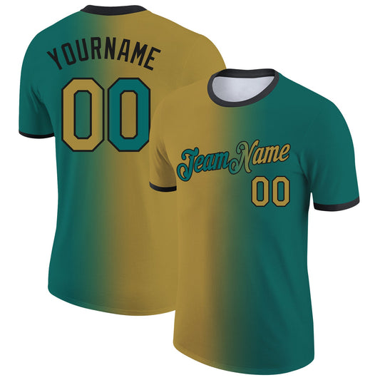 Custom Teal Old Gold-Black Gradient Fashion Performance T-Shirt - Main View