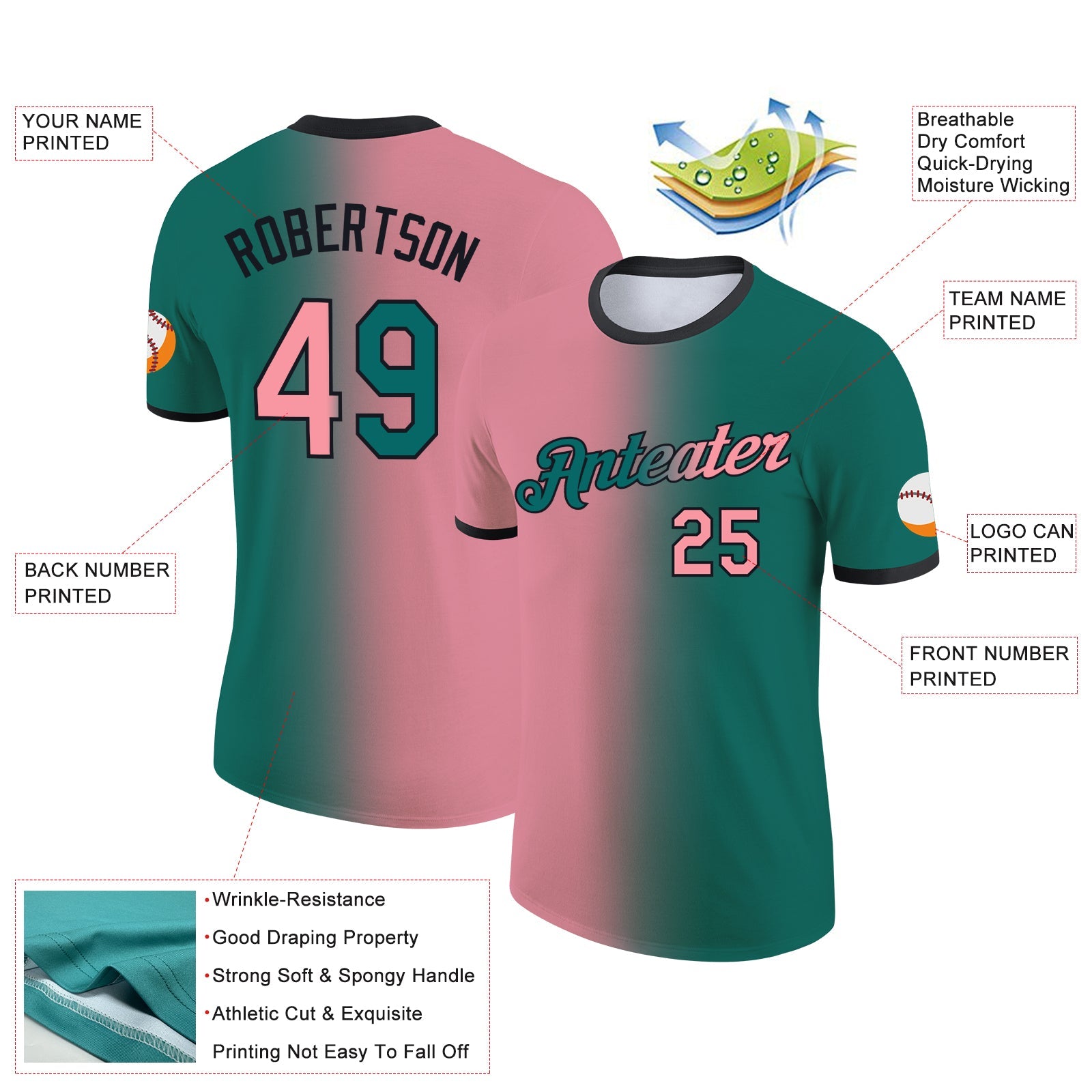 Custom Teal Medium Pink-Black Gradient Fashion Performance T-Shirt view 2