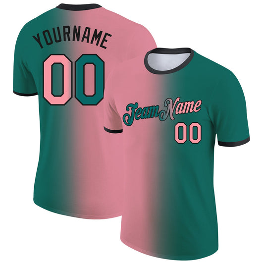 Custom Teal Medium Pink-Black Gradient Fashion Performance T-Shirt - Main View