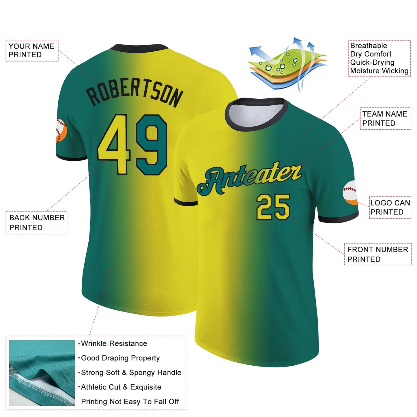 Custom Teal Neon Yellow-Black Gradient Fashion Performance T-Shirt view 2