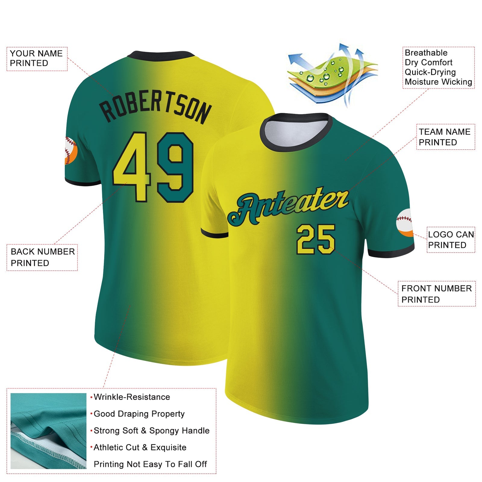 Custom Teal Neon Yellow-Black Gradient Fashion Performance T-Shirt view 2