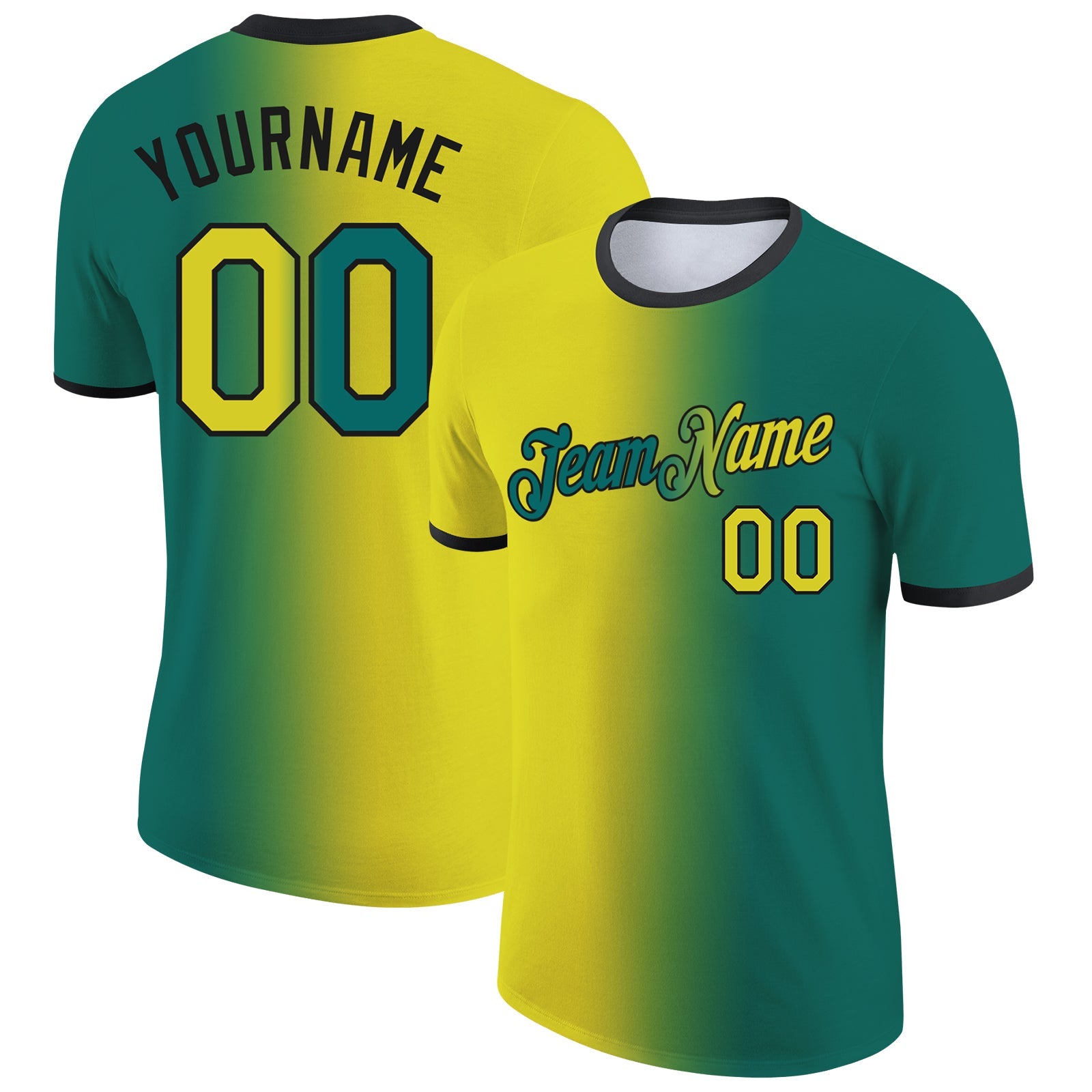 Custom Teal Neon Yellow-Black Gradient Fashion Performance T-Shirt - Main View